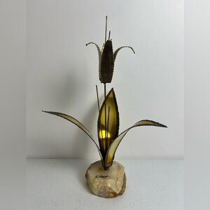 MCM Brutalist Floral Sculpture Brass Copper Signed John DeMott Onyx Base